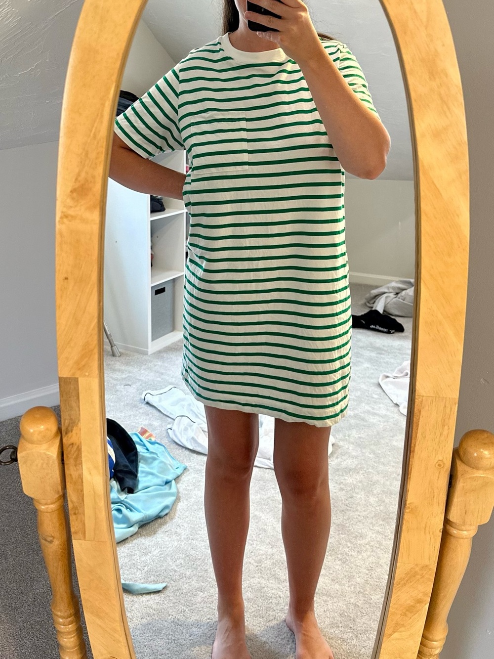 Everlane Women’s Green and White Striped T-Shirt Dress
